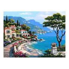 KM ELLIE 3D拼豆DIY材料包+邊框+圓形鑽石 50*40cm 海邊村莊款, 混色, 1套