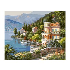 KM ELLIE 3D拼豆DIY材料包+邊框+圓形鑽石 50*40cm 湖邊別墅款, 混色, 1套