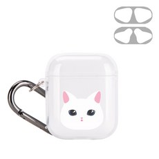구스페리 동물초상화 디자인 에어팟 1/2세대 투명 젤리 케이스 + 키링 + 철가루 방지 스티커, 케이스(하얀고양이), 키링, 스티커(단일상품), 1개