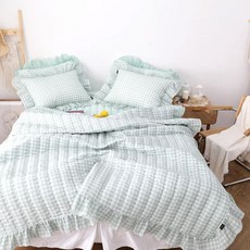 格紋絎縫荷葉邊造型人造絲泡泡紗夏季薄被, 薄荷