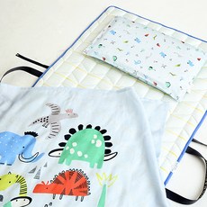 HIYOKO BABY 夏日棉質&人造絲雙面薄墊+人造絲薄被+3D透氣枕芯+枕套組, 恐龍款