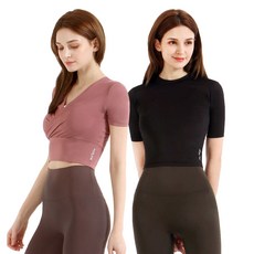 NOKJOK 女款交叉瑜伽短版T恤+素色內搭長褲套裝