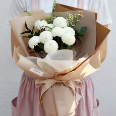 블뤼엔 생화 퐁퐁화이트 꽃다발 M, 혼합색상