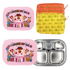 印花不鏽鋼餐盤餐具組, 便當蓋 2入+不鏽鋼餐盒+袋子 2入, 粉紅色(3784)
