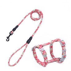 PETSLAND 花卉H型貓咪胸背帶 + 牽繩, 紅色, 1套