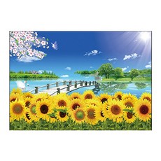 KMELLIE 3D湖畔向日葵花園圓形鑽石畫DIY套組 40 x 30 cm, 混合色, 1套