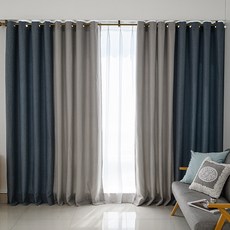 Nouveau Deco 帆布穿孔式雙色遮光窗簾 2p + 窗簾綁帶 + 壁勾組, 灰藍色