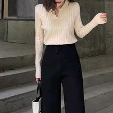 포플러앤씨 여성용 논버튼 니트 카라 블라우스