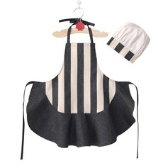 SyuSyuRoom 荷葉邊牛仔條紋兒童圍裙 + 廚師帽套組 A-0013