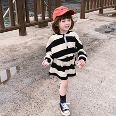 Contikids 女童條紋收腰長袖連身裙