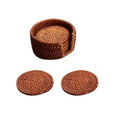 藤編杯墊 6入 + 收納架, 混色, 1個