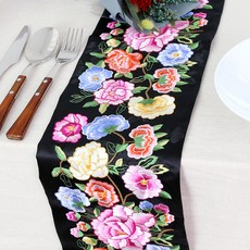 happytool 傳統刺繡黑色桌旗, 五色花朵, 16 x 115 cm
