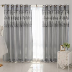 NuvoDeco Grace 雙層刺繡遮光窗簾 穿孔式 2p + 窗簾綁帶 + 窗簾綁帶掛勾組, 灰色