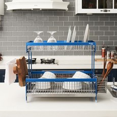 JCL 高級餐具乾燥架 2 層 + 滴水盤 + 矽膠蓋 4p + 不鏽鋼 304 配件套組 4, 經典藍