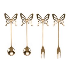 FLaITO 蝴蝶造型茶匙+點心叉 金色, 1套, 2p 茶匙 + 2p 茶叉