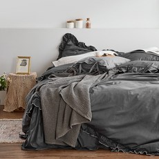 ARPEGGIO BASIC Madein 純棉斜紋荷葉邊單層被套, 煙燻炭灰色