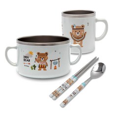 iNDi BEAR 防滑雙層不鏽鋼印花餐具碗杯組, 天藍色, 飯碗+杯子+湯匙+筷子