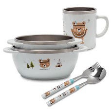 iNDi BEAR 防滑雙層不鏽鋼印花孩童餐具碗杯組 5入, 天藍色, 飯碗+大碗+湯匙+叉子+杯子