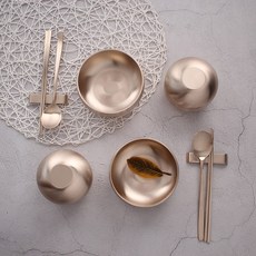 雙人黃銅餐具組, 單色, 飯碗 2入+碗蓋 2入+湯碗 2入+筷匙組 2入