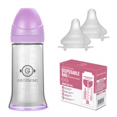 그로미미 일회용 젖병 2단계 250ml + 젖꼭지 2p + 비닐팩 60p + 일회용 변온 비닐팩 10p + 실리콘 이너보틀, 퓨어라벤더, 1세트