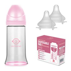 그로미미 일회용 젖병 0단계 250ml + 젖꼭지 2p + 비닐팩 60p + 일회용 변온 비닐팩 10p + 실리콘 이너보틀, 핑크, 1세트