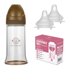그로미미 일회용 젖병 0단계 250ml + 젖꼭지 2p + 비닐팩 60p + 일회용 변온 비닐팩 10p + 실리콘 이너보틀, 골드브라운, 1세트