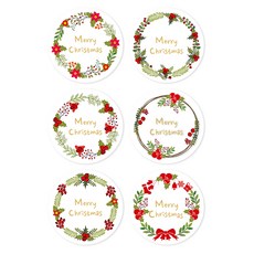 聖誕快樂花環包裝裝飾貼紙 圓形6款組合 50mm, 混色, 30套
