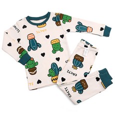 Maykids 童款印花20支彈力棉2件式長袖內衣套裝 彩色仙人掌款