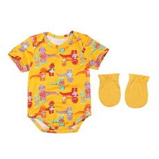 withorganic 滿版小貓竹纖維短袖包屁衣+手套