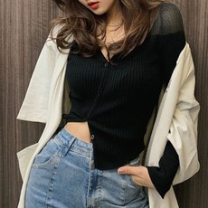 페이퍼먼츠 여성용 언발란스 시스루 골지 섹시 가디건 12613