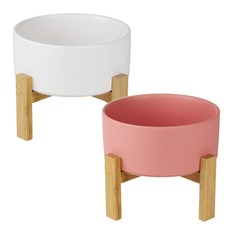 meongzi 寵物 兩段式高度 陶瓷餐具 2件組 S, 粉紅色 + 白色, 1套
