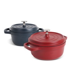 KIM'S CLUB 輕型雙耳鑄鐵鍋 2入, 雙柄湯鍋 海軍藍 16cm + 紅色 20cm, 海軍藍,紅色
