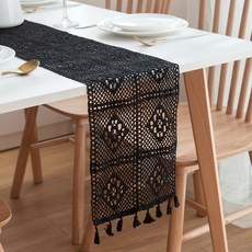 I Love Home 針織鉤針流蘇桌旗, 黑色, 24 x 140 cm