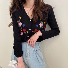 포플러앤씨 여성용 베스 꽃자수 니트 가디건