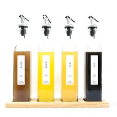 銀蓋方形醬料瓶 4款 4入+韓文長方形標籤貼 白色, 1套