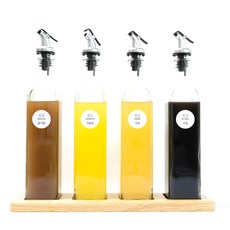 銀蓋方形醬料瓶 4款 4入+韓文圓形標籤貼 白色, 1套