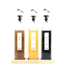 白蓋方形醬料瓶 4款 3入+韓文長方形標籤貼紙 白色, 1套