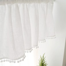 亞麻絨球裝飾短窗簾, 白色