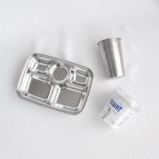 Kitchen U不鏽鋼餐盤 5格 深型+不鏽鋼杯 600ml, 單色