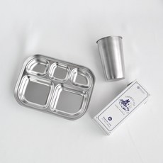 Kitchen U不鏽鋼餐盤 5格 低型+不鏽鋼杯 600ml, 單色