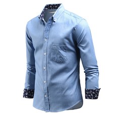 DAKUANG 男款反摺印花長袖牛仔襯衫C07D14_sd2136