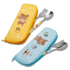iNDi BEAR 印地安熊熊印花孩童湯匙+叉子+餐具袋, 黃色+天藍色, 2組