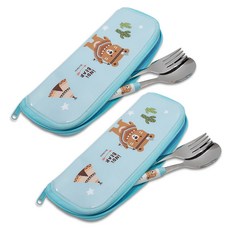 iNDi BEAR 印地安熊熊印花孩童湯匙+叉子+餐具袋, 天藍色, 2組