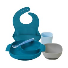 Mom's tree 輔食餐具 4款+接飯圍兜, 藍色, 餐盤+碗+杯子+湯匙+圍兜