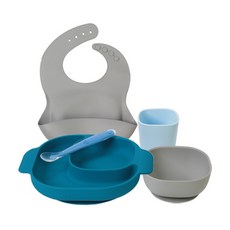 Mom's tree 輔食餐具 4款+接飯圍兜, 淺灰色, 餐盤+碗+杯子+湯匙+圍兜