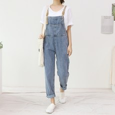 Pang Pang Shop C 撞色丹寧孕婦吊帶連身褲