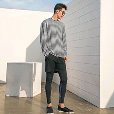 男性寬鬆條紋Oversize防磨衣上衣+下身套裝 AE6210, 白色(上衣), 黑色(下身)