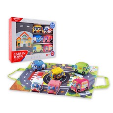 HUANGER Cross in Town系列套組 汽車玩具 6入+霧面遊戲墊, 混色