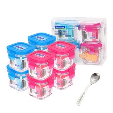 Glasslock 方形短版食品收納盒組 藍色 120ml+粉色 120ml+波浪湯匙, 混色, 1組
