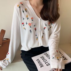 LUNAGIRL 女款花朵圖案V領長袖針織衫